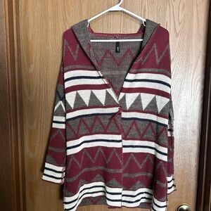 Elan Hooded Sweater with Geometric Design - Burgundy and Taupe